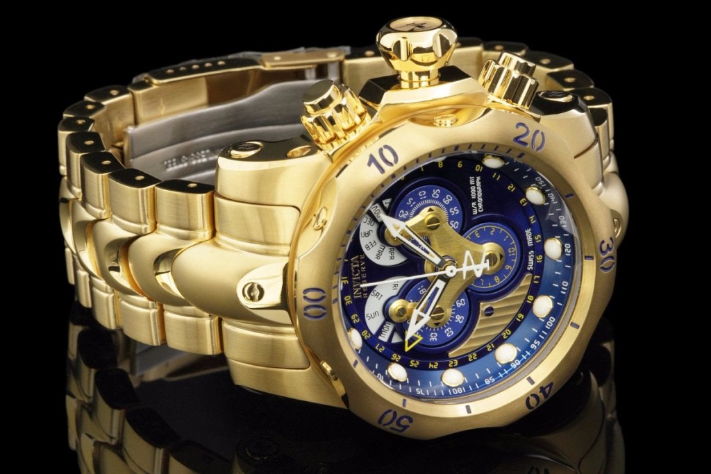 gold and blue invicta watch